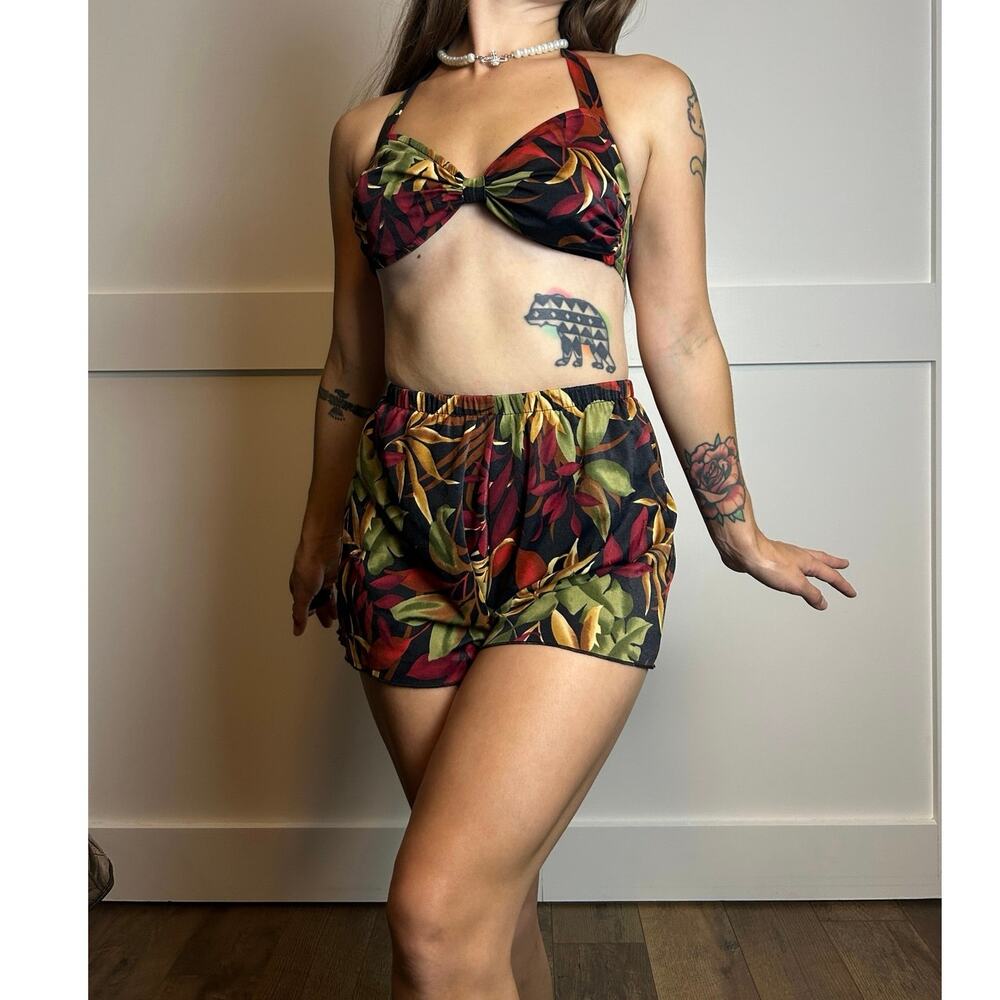 1950s tropical pin up girl halter swim set retro bikini high waisted s/m - Picture 3 of 4